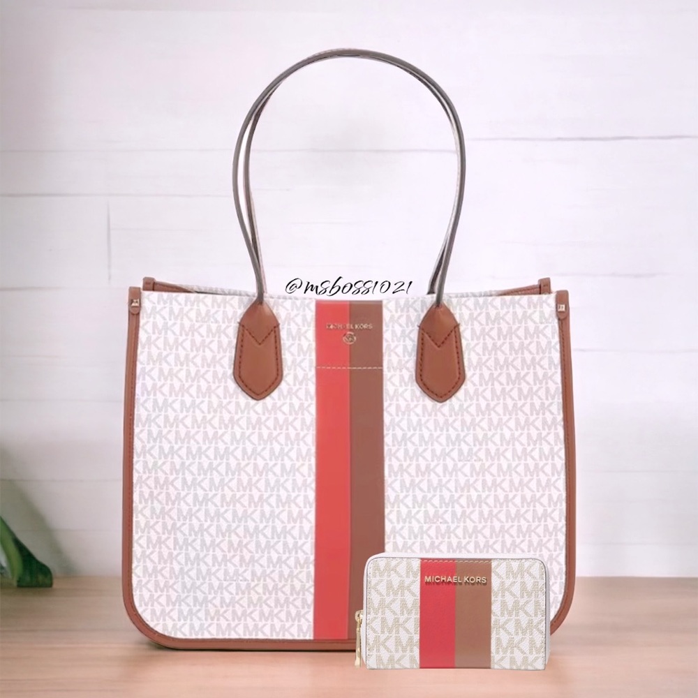 Michael Kors Center Stripe Hiedi Large Tote Dahlia Multi+Wallet - Picture 8 of 12